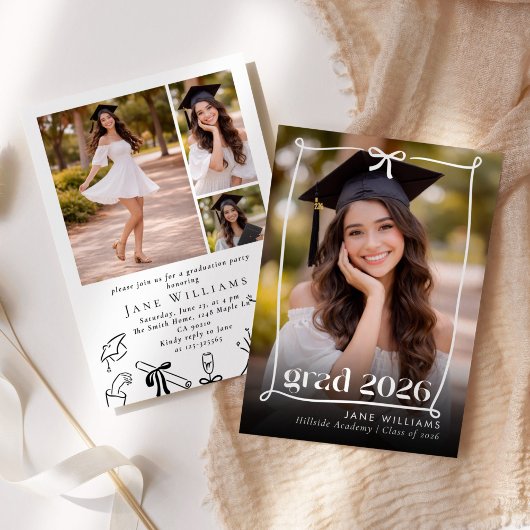 Whimsical Bow Hand drawn Graduation Party Photo Einladung