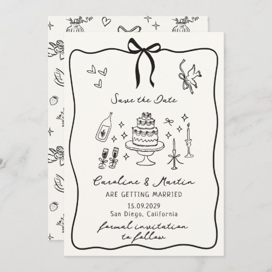 Whimsical Bow, handgezeichnete Hochzeit speichern Einladung (Vorne/Hinten)
