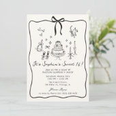 Whimsical Bow, handgezogen Sweet 16 Birthday Einladung (Stehend Vorderseite)