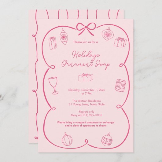 Whimsical Bow Pink Holidays Ornament Swap Party Einladung (Vorne/Hinten)