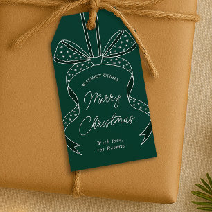 Whimsical Bow & Ribbon Dark Green Frohe Weihnachte Geschenkanhänger