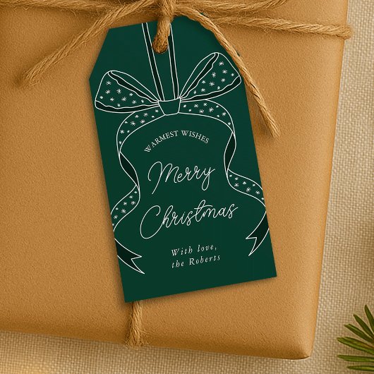Whimsical Bow & Ribbon Dark Green Frohe Weihnachte Geschenkanhänger