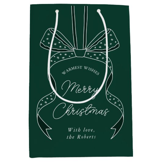 Whimsical Bow & Ribbon Dark Green Frohe Weihnachte Mittlere Geschenktüte (Vorderseite)