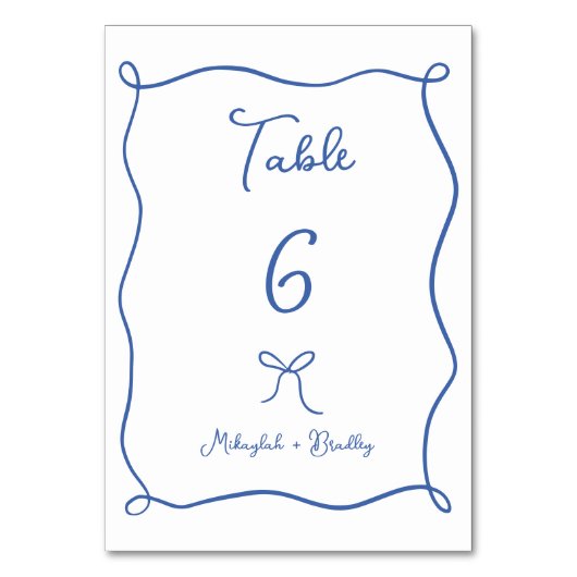 Whimsical Bow & Ribbons French Blue Wedding Tischnummer (Vorderseite)