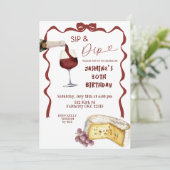Whimsical Bow Wine Sip and Dip Birthday Einladung (Stehend Vorderseite)