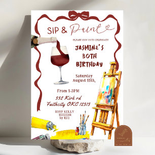 Whimsical Bow Wine Sip und Paint Birthday Einladung
