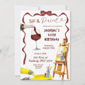 Whimsical Bow Wine Sip und Paint Birthday Einladung (Vorderseite)