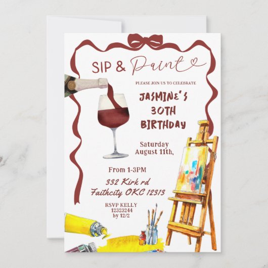 Whimsical Bow Wine Sip und Paint Birthday Einladung (Vorderseite)