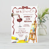 Whimsical Bow Wine Sip und Paint Birthday Einladung (Stehend Vorderseite)
