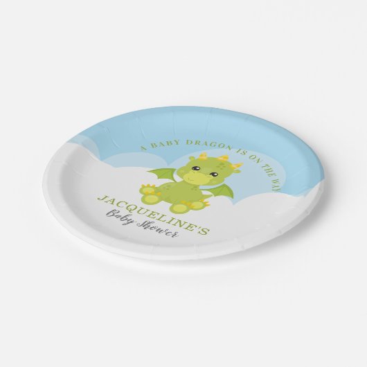Whimsical Boy Dragon Baby Dusche Pappteller (Schrägansicht)