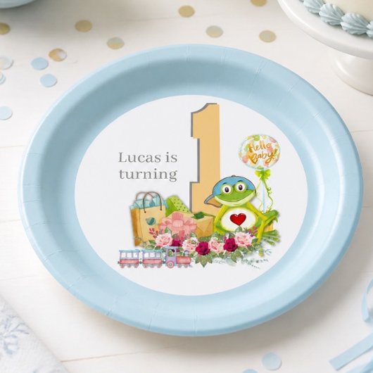 Whimsical Boy Frog | Personalisierter Geburtstag Pappteller