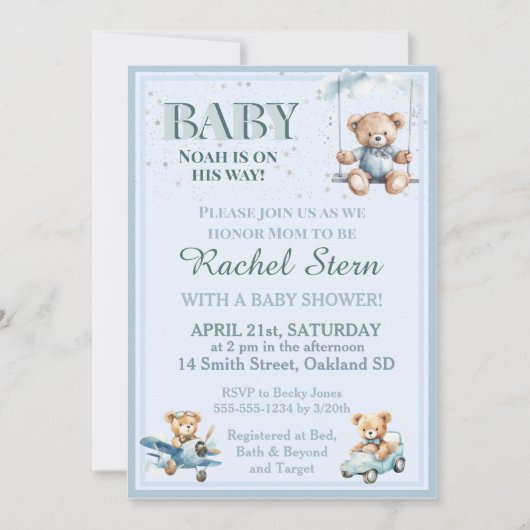 Whimsical Boy Teddy Bear Baby Shower Einladung (Vorderseite)
