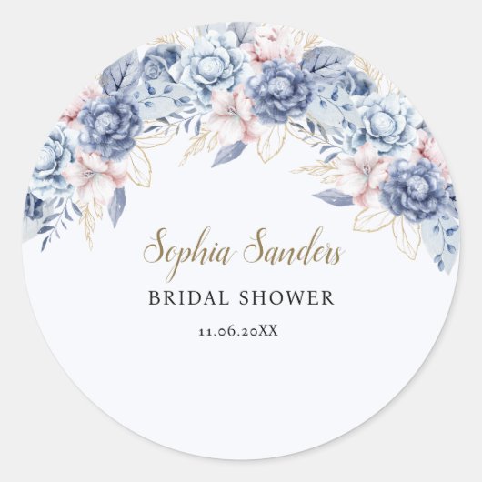 Whimsical Bridal Shower with Soft Blue Flowers Runder Aufkleber (Vorderseite)