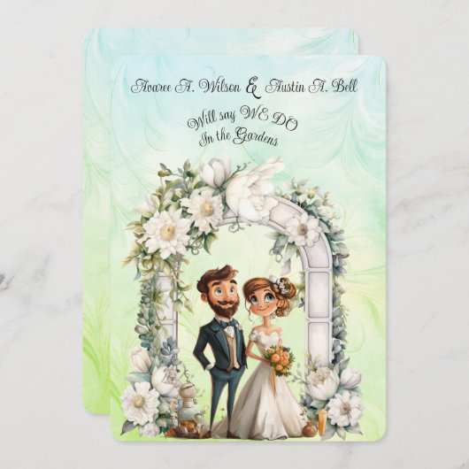 Whimsical Bride Groom Wedding Arch Blue Green Einladung (Vorne/Hinten)