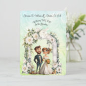 Whimsical Bride Groom Wedding Arch Blue Green Einladung (Stehend Vorderseite)