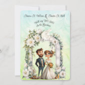 Whimsical Bride Groom Wedding Arch Blue Green Einladung (Vorderseite)
