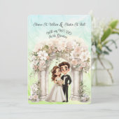 Whimsical Bride Groom Wedding Arch Blue Green Einladung (Stehend Vorderseite)