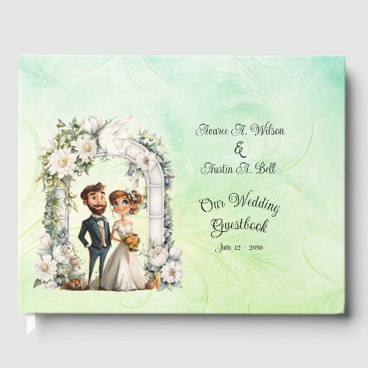 Whimsical Bride Groom Wedding Arch Blue Green Gästebuch (Vorderseite)