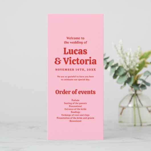 Whimsical Bright Red and Pink Wedding Program (Stehend Vorderseite)