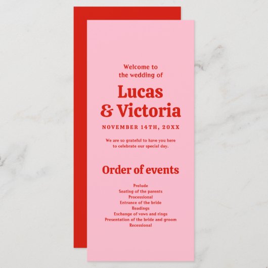 Whimsical Bright Red and Pink Wedding Program (Vorne/Hinten)