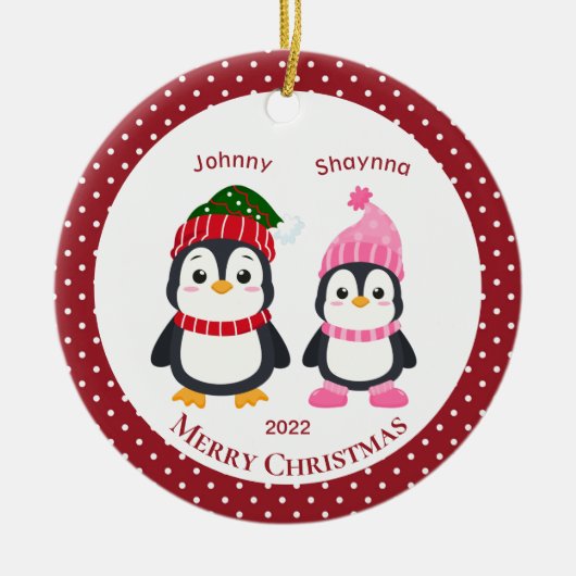 Whimsical Brother & Sister Penguins Personalisiert Keramik Ornament (Vorne)