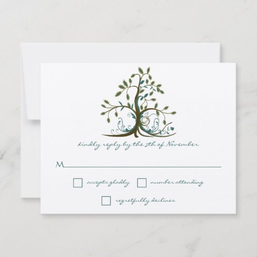 Whimsical Brown Aquamarin Green Tree Wedding RSVP Karte (Vorderseite)