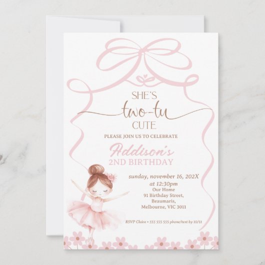 Whimsical Brown Ballerina Two Tu Niedlich 2. Gebur Einladung (Vorderseite)