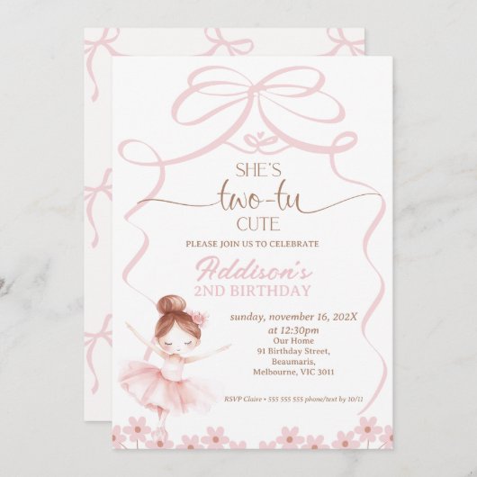 Whimsical Brown Ballerina Two Tu Niedlich 2. Gebur Einladung (Vorne/Hinten)