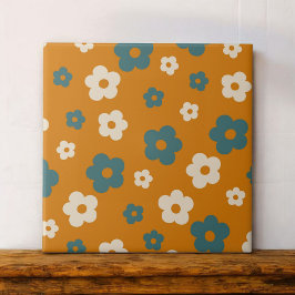 Whimsical Brown & Blue Floral Retro, fröhlich Fliese