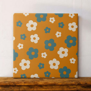 Whimsical Brown & Blue Floral Retro, fröhlich Fliese
