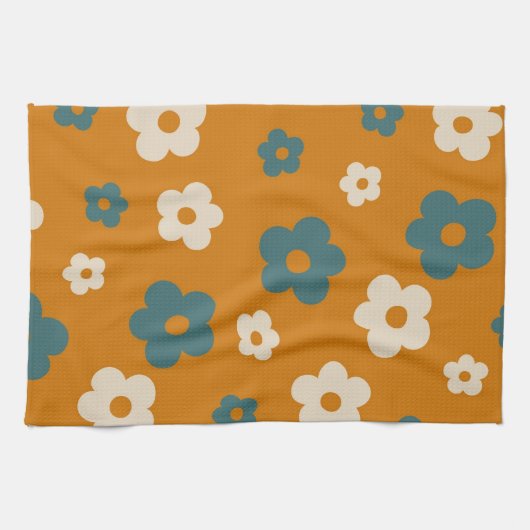 Whimsical Brown & Blue Floral Retro, fröhlich Geschirrtuch (Horizontal)