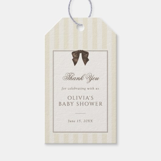 Whimsical Brown Bow Striped Baby Shower Geschenkanhänger (Vorderseite)