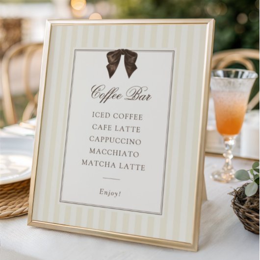 Whimsical Brown Bow Striped Coffee Bar Poster