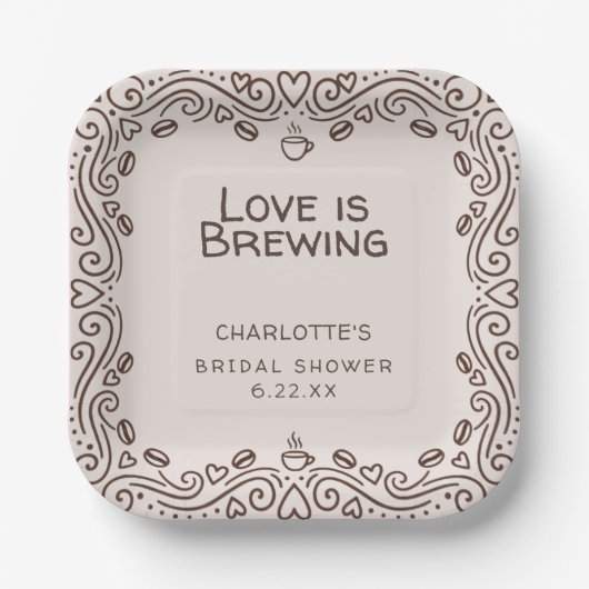 Whimsical Brown Love Is Brewing Brautparty Pappteller (Vorderseite)