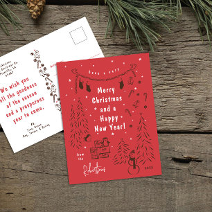 Whimsical Brown & Red Christmas Scene Postcard Feiertagspostkarte