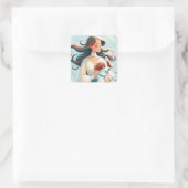 Whimsical Brünett & Cavalier King Charles Spaniel Quadratischer Aufkleber (Tasche)