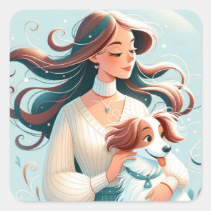 Whimsical Brünett & Cavalier King Charles Spaniel Quadratischer Aufkleber