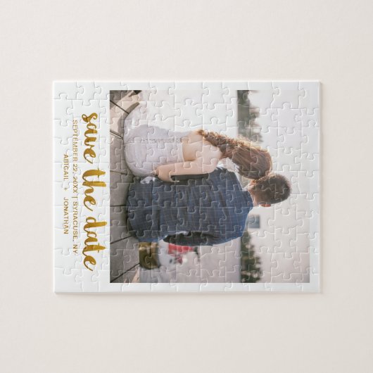 Whimsical Brush Script-Foto Save the Date Gold Puzzle (Horizontal)