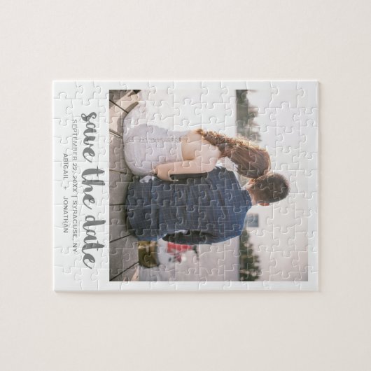 Whimsical Brush Script-Foto Save the Date grau Puzzle (Horizontal)