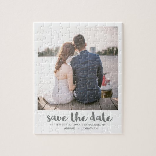 Whimsical Brush Script-Foto Save the Date grau Puzzle (Vertikal)
