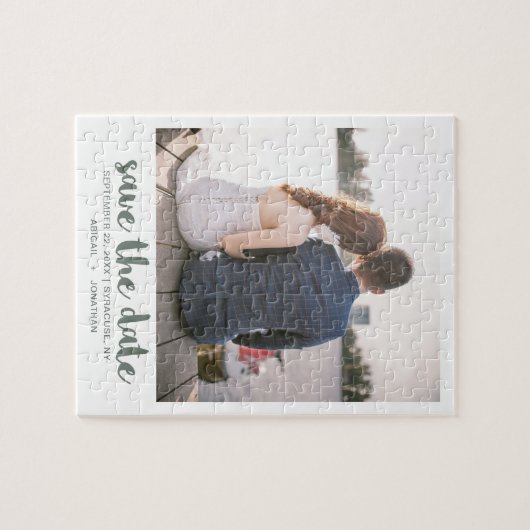 Whimsical Brush Script Foto Save the Date Green Puzzle (Horizontal)