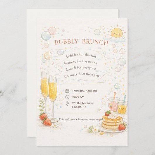 Whimsical Bubbly Brunch Invitation Einladung (Vorne/Hinten)