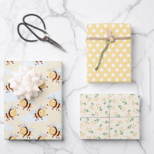 Whimsical Bumble Bee and Honeycomb Floral Geschenkpapier Set (Vorderseite)