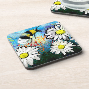 Whimsical Bumble Bee Daisies Floral Blue White Getränkeuntersetzer