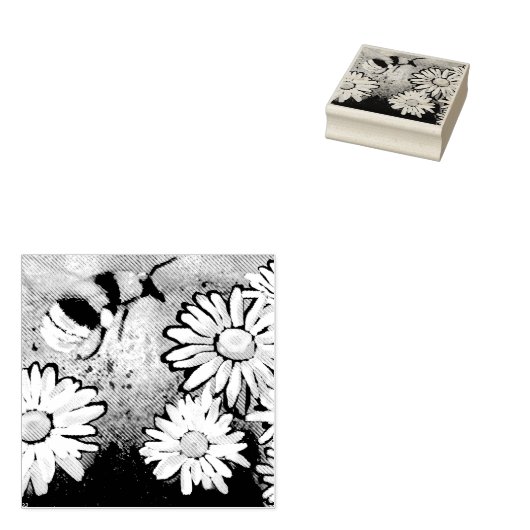 Whimsical Bumble Bee Daisies Floral Blue White Gummistempel (Stempel)