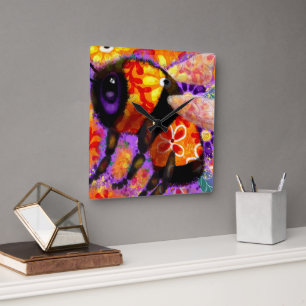 Whimsical Bumble Bee Floral Red Yellow Lila Quadratische Wanduhr