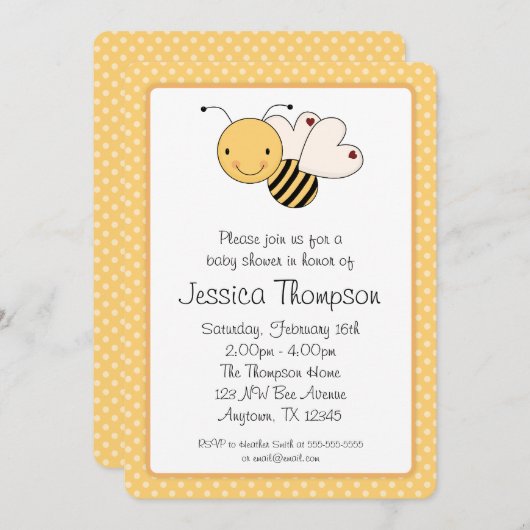 Whimsical Bumble Bee Polka Dots Baby Dusche Einladung (Vorne/Hinten)