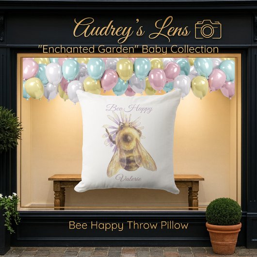 Whimsical Bumblebee & Wildflowers "Bee Happy" Kissen