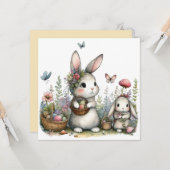Whimsical Bunnies and Eggs Flowers Easter Greeting Karte (Vorderseite/Rückseite Beispiel)