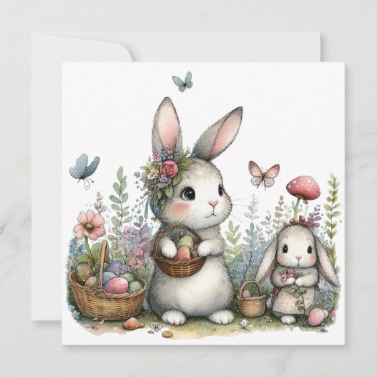 Whimsical Bunnies and Eggs Flowers Easter Greeting Karte (Vorderseite)